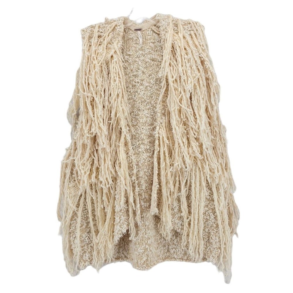 Free People Cream Fringe Open-Front Knit Vest